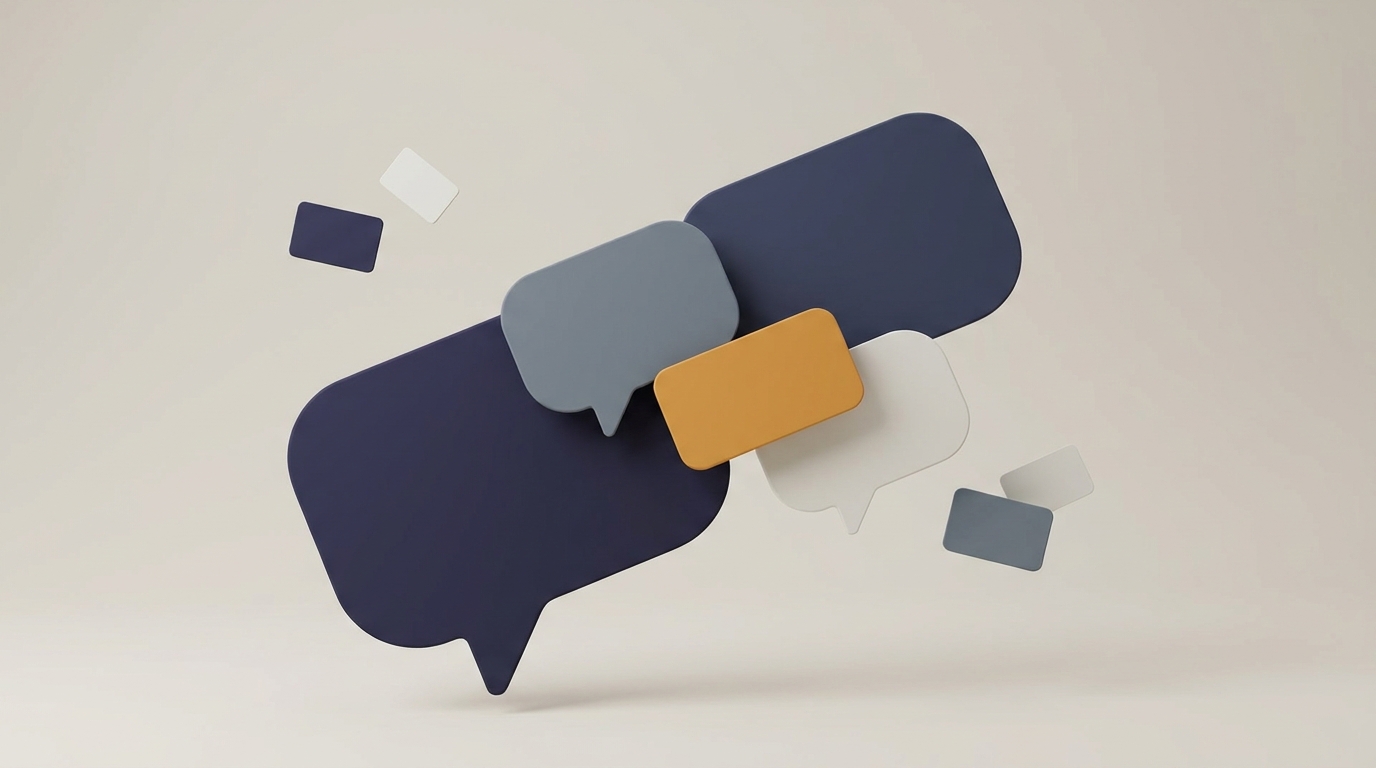 Overlapping speech bubble panels representing frequently asked questions