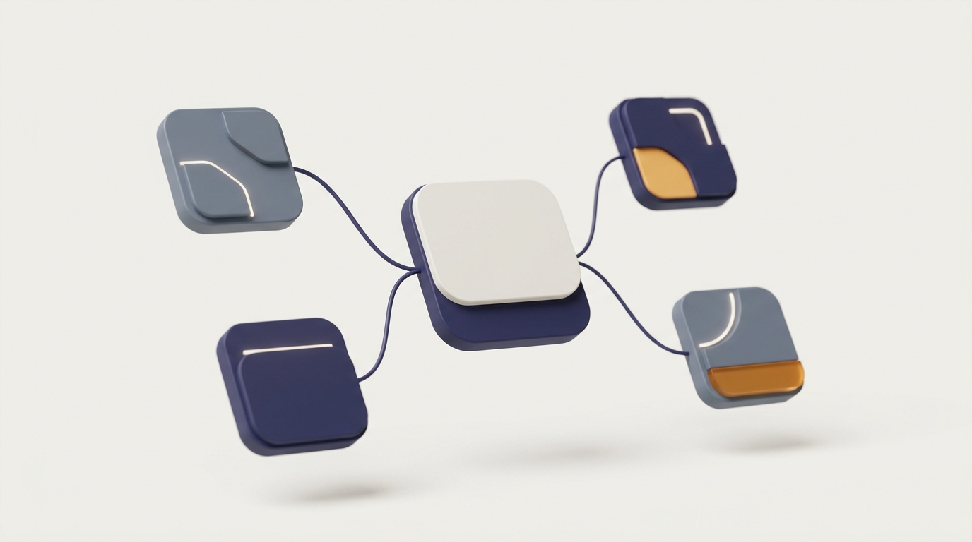 A central hub connected to four panels, representing a WordPress multisite network